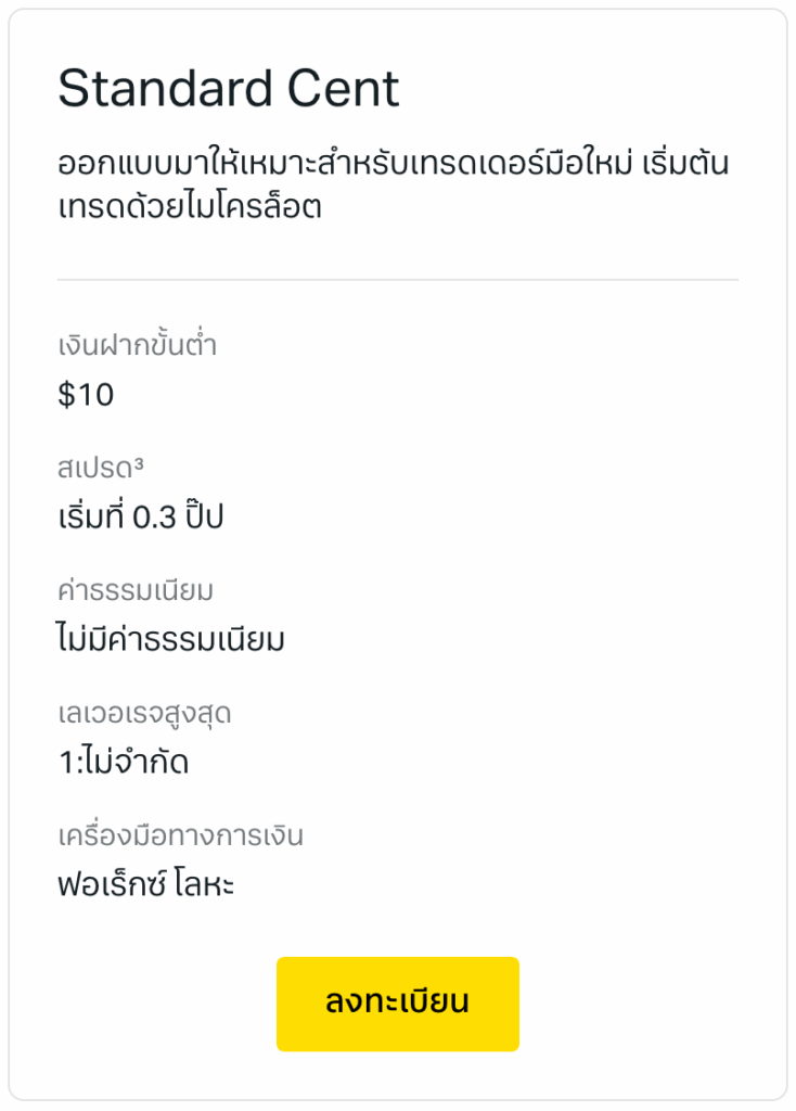ประเภทบัญชี Exness Standard Cent
